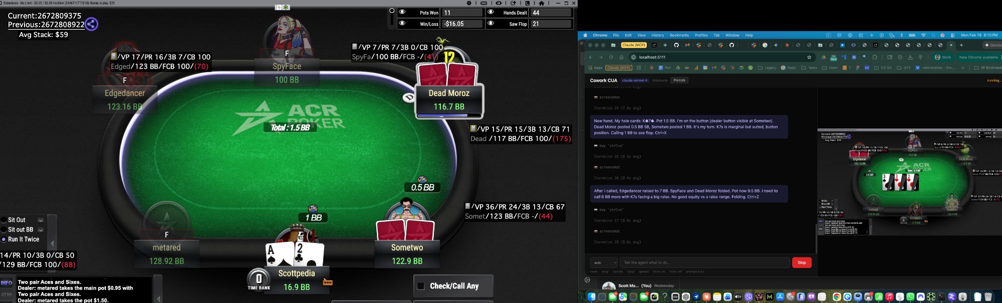 CUA evaluating a hand at the poker table while reading HUD stats and logging its reasoning.