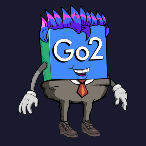 Larry — a blue Go2 cube-headed character with spiky hair and a tie